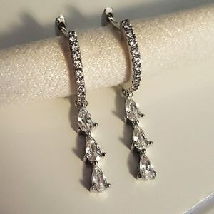 925 STERLING SILVER DAINTY CLEAR CRYSTAL DIAMOND ZIRCON CZ DANGLE HUGGIE HOOPS